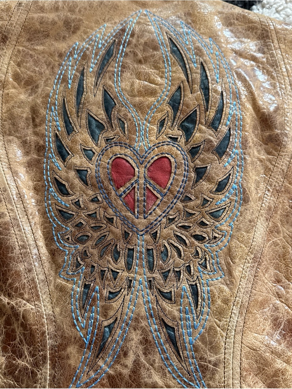 Distressed Tan Leather Jacket with Embroidered Wing & Heart Back - Picture 14 of 15